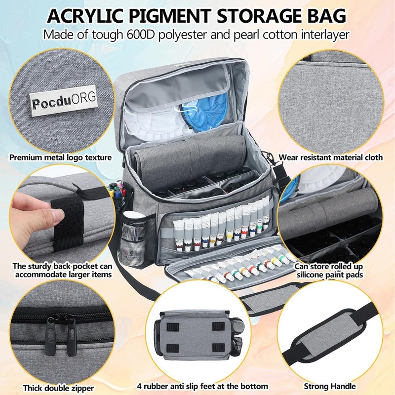 POCDUORG Store Acrylic Paint and Brush Set Organizer Bag - Carrying Case Compatible with Apple Barrel, Shuttle Art, Caliart Art Supplies - Includes Detachable Paint Brush Holder - for Home/Travel/Outdoor (Pro Gray) - Image 2